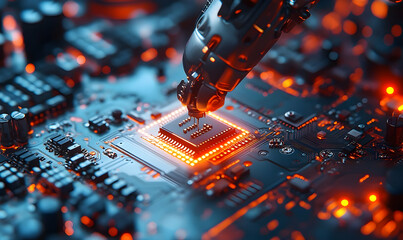 Poster - A robotic arm interacts with a glowing microchip on a circuit board, showcasing technology.