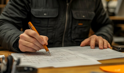 Poster - A person sketches plans on paper, using an orange pen, in a workspace setting.