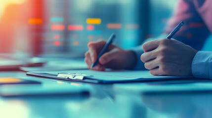 Poster - A person writing on a clipboard with pens in a modern office setting.