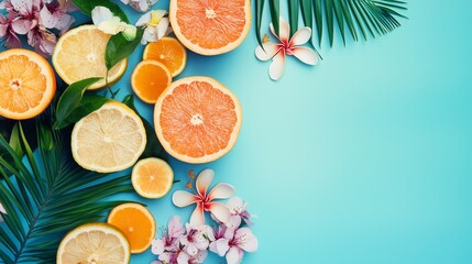 Poster - Citrus fruits and tropical flowers on vibrant turquoise background