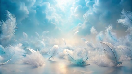 Wall Mural - ethereal feathers floating in a dreamlike sky, soft light and gentle breeze