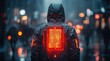 © alva studio - Person in raincoat with glowing screen on back walking in rainy city at night.
