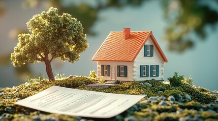 Poster - A miniature house with a tree and documents, symbolizing real estate and home ownership.