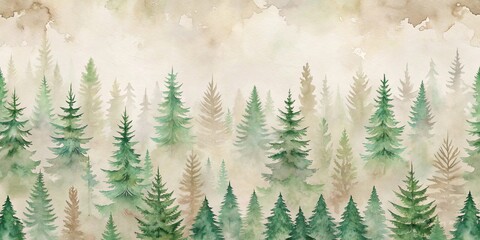 Wall Mural - Enchanted Watercolor Forest Landscape Misty Evergreens in Soft Hues