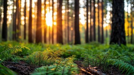 Poster - Serene forest with sunlight filtering through trees, illuminating lush green ferns.