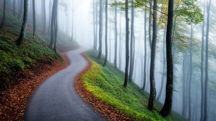 Poster - Winding road through a foggy forest, showcasing tranquil nature and serene beauty.