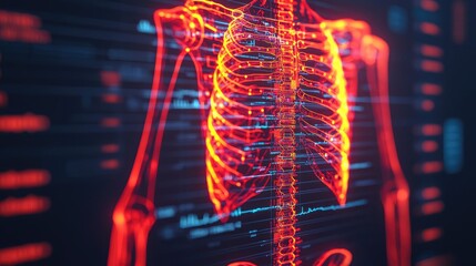 Aufkleber - Illuminated digital representation of a human skeleton with glowing ribs and spine.