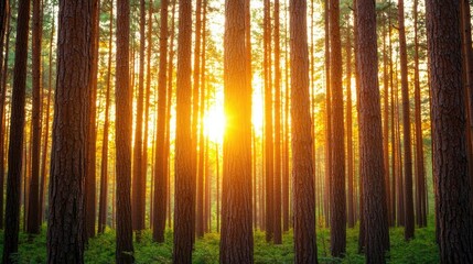Poster - A serene forest landscape illuminated by warm sunlight filtering through tall trees.