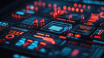 Poster - Futuristic digital circuit board with vibrant neon lights and complex patterns.