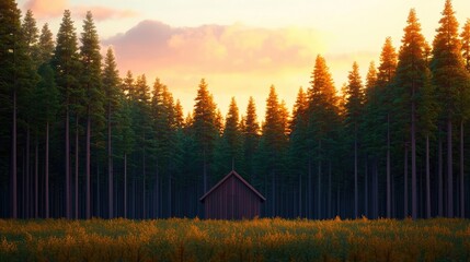 Poster - Serene cabin nestled among tall trees during sunset in a peaceful forest setting.
