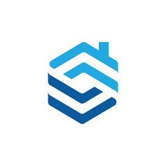 Poster - This is a flat logo design of a house icon in hexagonal shape in blue color on a white background for real estate housing companies 