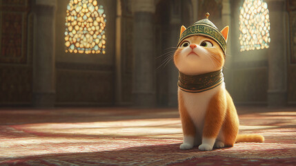  a cute cat  set in a serene and beautifully designed Islamic 