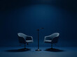 © SR PICS - Behind the scenes empty scene of two chairs and microphones stand in interview or podcast room isolated on dark navy background, concept of silence after the hubbub, intense preparation of the program