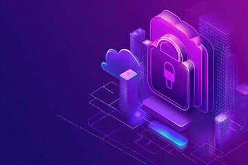 Poster - Digital security concepts illustrated with padlock and cloud technology in a futuristic city