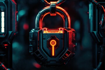 Poster - High-tech padlock with glowing elements in a futuristic setting