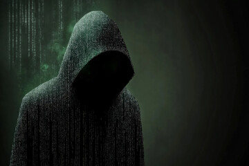 Poster - Dark figure in a hooded cloak surrounded by green digital code in a mysterious atmosphere