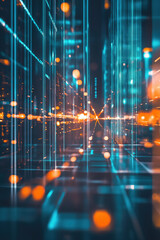 Fototapete - Colorful light beams create an abstract digital corridor with glowing elements at night