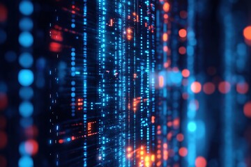 Fototapete - Visual representation of data streaming in vibrant blue and orange colors from a digital network