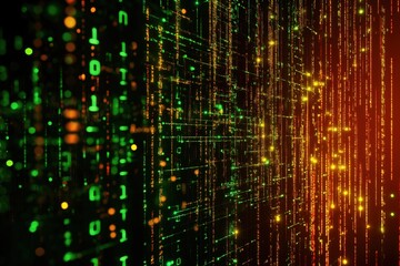 Fototapete - Vibrant digital data streams in green and orange colors illuminating a dark background