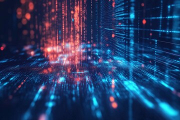Fototapete - Vibrant digital abstract representation of data stream with glowing binary code
