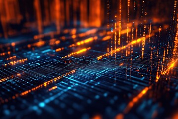 Fototapete - Digital grid with glowing lines and data streams illustrating technology and innovation