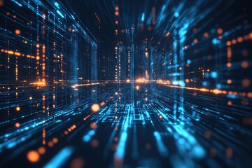 Fototapete - Digital data streams create a futuristic tunnel of light and movement at nighttime