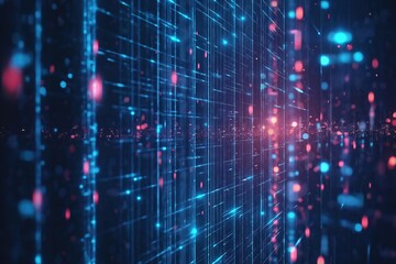 Fototapete - Cybernetic wave of blue and red light patterns moving through a dark digital landscape