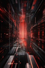 Fototapete - Abstract digital corridor with vibrant red and black colors during nighttime illumination