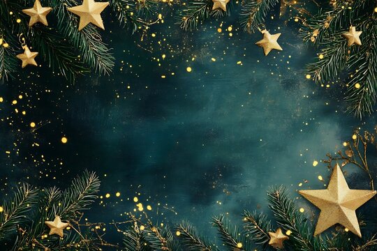 Christmas border with greenery and golden stars