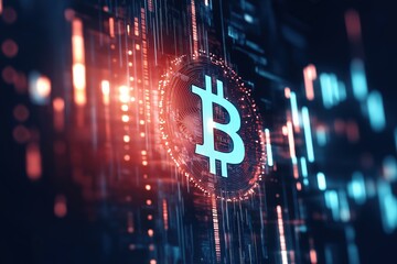Poster - Visual representation of cryptocurrency with glowing bitcoin symbol on digital background