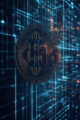 Poster - Digital representation of Bitcoin surrounded by glowing blue data streams and circuits