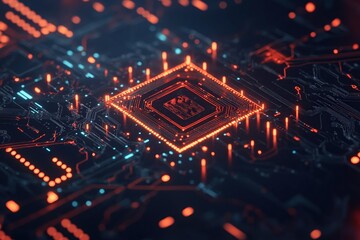 Poster - High-tech circuit board glowing with vibrant orange and blue lights at close range