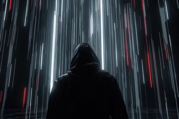 Poster - Mysterious figure in a digital landscape with vibrant light trails during nighttime