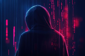 Poster - Silhouette of a hooded figure against a digital background of bright colors and data streams