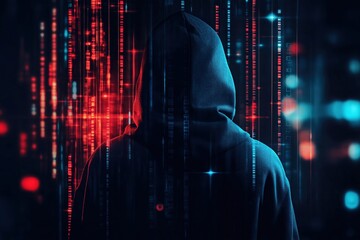 Poster - Mysterious figure surrounded by digital data in a dark atmosphere