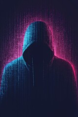 Poster - Mysterious figure in a hoodie illuminated by neon digital patterns at night