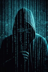Poster - Dark figure wearing a hoodie surrounded by digital code with a mysterious atmosphere
