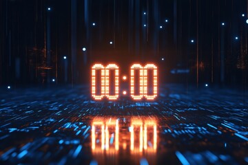 Fototapete - Digital countdown timer displaying zero hours and zero minutes against a futuristic background