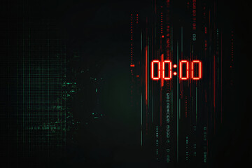 Poster - Digital countdown timer displaying zero with glitchy background effects