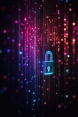 Fototapete - Colorful digital lock symbol surrounded by glowing lights on a dark background