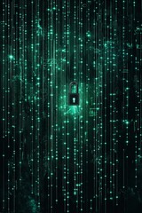 Fototapete - Bright green digital lock with falling lights in a dark background environment