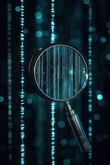 Poster - Exploration of digital data through a magnifying glass against a backdrop of binary code
