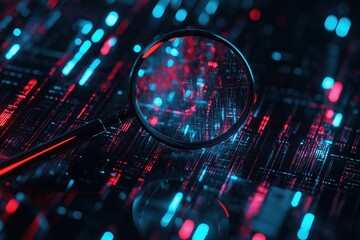 Poster - Close-up view of a magnifying glass on a digital data background illuminated by vibrant lights