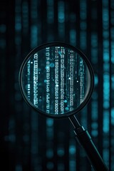 Poster - Magnifying glass revealing digital code against a dark blue backdrop