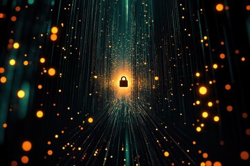 Poster - Digital lock surrounded by glowing particles highlights cybersecurity awareness