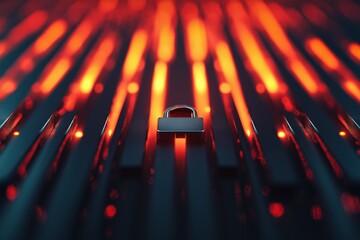 Poster - Concept of security with a padlock surrounded by glowing lines on a dark surface