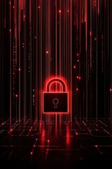 Fototapete - Digital security lock illuminated in red against a dark, matrix-like background