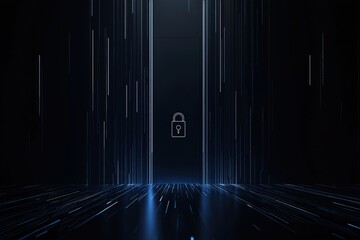 Poster - Digital security concept with a lock symbol illuminated in a dark, futuristic environment
