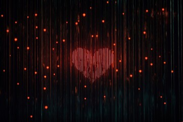 Poster - Bright red heart illuminated by glowing lights against a dark, shimmering background