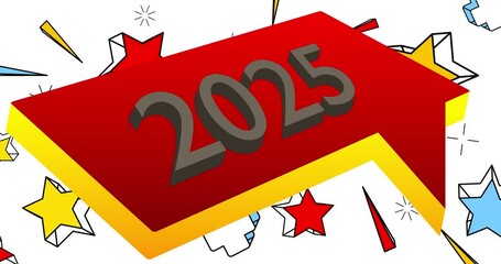 Poster - Number 2025 in speech bubble. Comic book video. Pop art text on white messaging banner. Thought, idea sign.